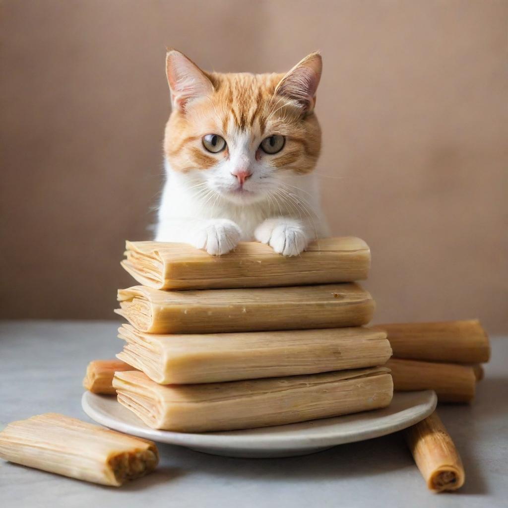 A cute cat balancing a stack of deliciously steaming traditional tamales