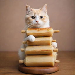 A cute cat balancing a stack of deliciously steaming traditional tamales