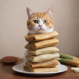 A cute cat balancing a stack of deliciously steaming traditional tamales