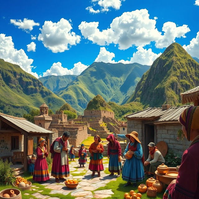 A vibrant and detailed scene depicting Marcapata, a picturesque Andean town in Peru, surrounded by lush green mountains and captivating landscapes