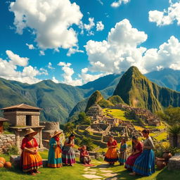 A vibrant and detailed scene depicting Marcapata, a picturesque Andean town in Peru, surrounded by lush green mountains and captivating landscapes