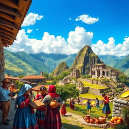 A vibrant and detailed scene depicting Marcapata, a picturesque Andean town in Peru, surrounded by lush green mountains and captivating landscapes