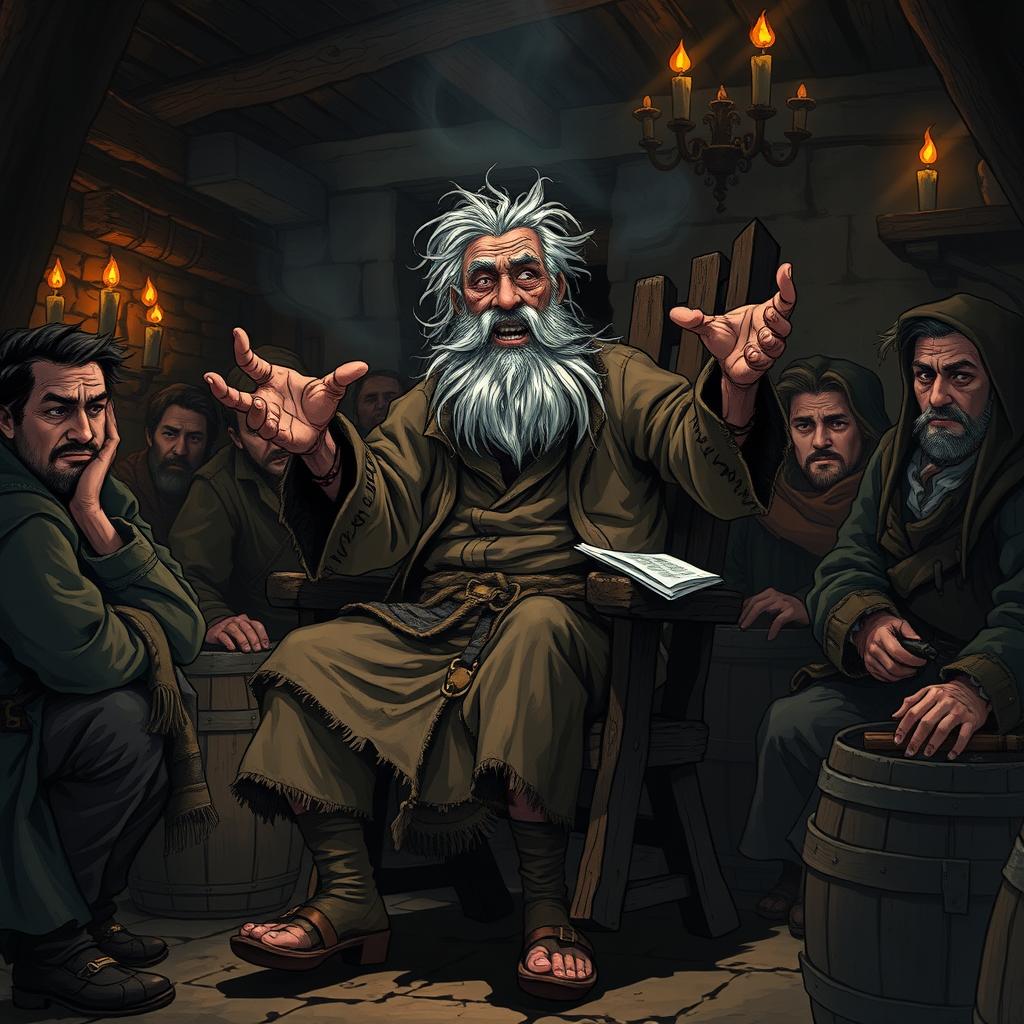 A dark medieval fantasy illustration depicting a crazy old peasant man sitting on a rickety wooden chair, wildly gesturing and rambling about fantastical tales