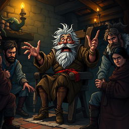 A dark medieval fantasy illustration depicting a crazy old peasant man sitting on a rickety wooden chair, wildly gesturing and rambling about fantastical tales