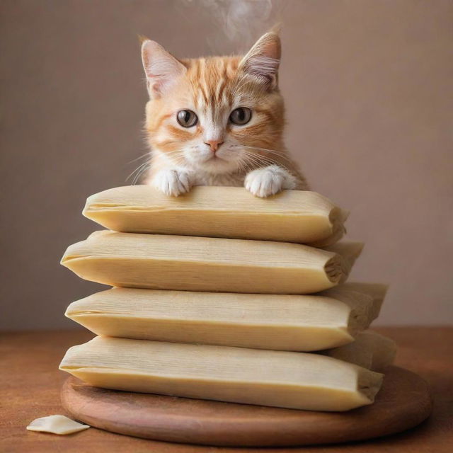 A cute cat balancing a stack of deliciously steaming traditional tamales