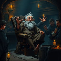 A dark medieval fantasy illustration depicting a crazy old peasant man sitting on a rickety wooden chair, wildly gesturing and rambling about fantastical tales