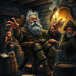 A dark medieval fantasy illustration depicting a crazy old peasant man sitting on a rickety wooden chair, wildly gesturing and rambling about fantastical tales