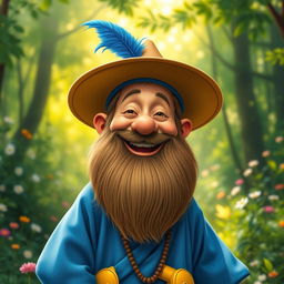 A joyful, short man with a thick beard, wearing a vibrant blue caftan and bright yellow shoes
