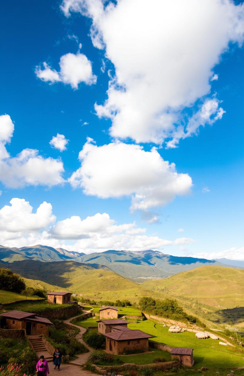 A scenic view of Marcapata, a picturesque rural site in Peru, characterized by lush green hills and majestic mountains towering in the background