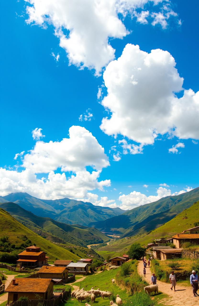 A scenic view of Marcapata, a picturesque rural site in Peru, characterized by lush green hills and majestic mountains towering in the background