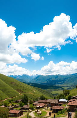 A scenic view of Marcapata, a picturesque rural site in Peru, characterized by lush green hills and majestic mountains towering in the background