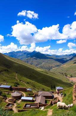 A scenic view of Marcapata, a picturesque rural site in Peru, characterized by lush green hills and majestic mountains towering in the background