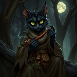 A dark fantasy character illustration of Gilda Hocktooth, the Gentle Witch, portrayed as an elderly black-furred catgirl