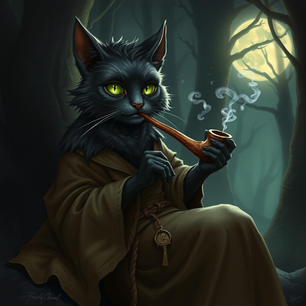 A dark fantasy character illustration of Gilda Hocktooth, the Gentle Witch, portrayed as an elderly black-furred catgirl