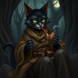 A dark fantasy character illustration of Gilda Hocktooth, the Gentle Witch, portrayed as an elderly black-furred catgirl