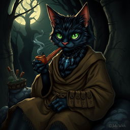 A dark fantasy character illustration of Gilda Hocktooth, the Gentle Witch, portrayed as an elderly black-furred catgirl