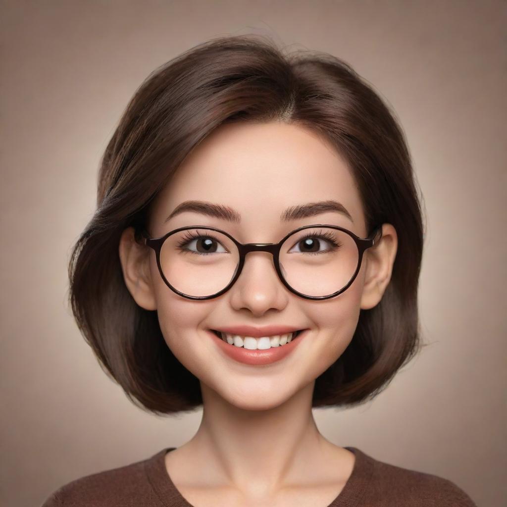 Create an image of a cute cartoon woman with a round face, eyeglasses, dark brown eyes, and shoulder-length brown hair. She is winking and smiling widely.