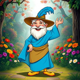 A whimsical and cheerful character inspired by Tom Bombadil, depicted as a short, bearded man with a broad smile