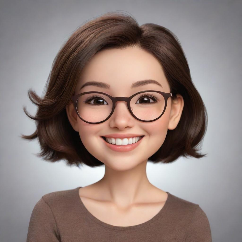 Create an image of a cute cartoon woman with a round face, eyeglasses, dark brown eyes, and shoulder-length brown hair. She is winking and smiling widely.