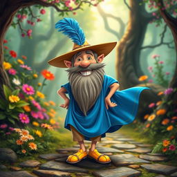 A whimsical and cheerful character inspired by Tom Bombadil, depicted as a short, bearded man with a broad smile