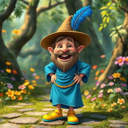 A whimsical and cheerful character inspired by Tom Bombadil, depicted as a short, bearded man with a broad smile