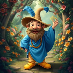 A whimsical and cheerful character inspired by Tom Bombadil, depicted as a short, bearded man with a broad smile