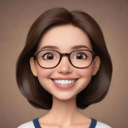 Create an image of a cute cartoon woman with a round face, eyeglasses, dark brown eyes, and shoulder-length brown hair. She is winking and smiling widely.
