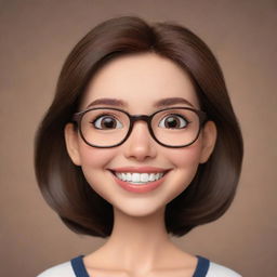 Create an image of a cute cartoon woman with a round face, eyeglasses, dark brown eyes, and shoulder-length brown hair. She is winking and smiling widely.