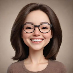 Create an image of a cute cartoon woman with a round face, eyeglasses, dark brown eyes, and shoulder-length brown hair. She is winking and smiling widely.