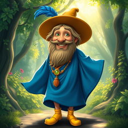 A lively and whimsical portrayal of Tom Bombadil, a short, bearded man with a warm smile