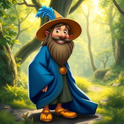 A lively and whimsical portrayal of Tom Bombadil, a short, bearded man with a warm smile