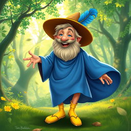 A lively and whimsical portrayal of Tom Bombadil, a short, bearded man with a warm smile