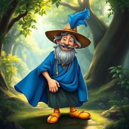 A lively and whimsical portrayal of Tom Bombadil, a short, bearded man with a warm smile