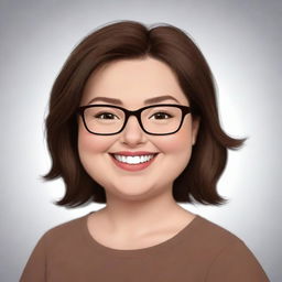 Create an image of a slightly chubby cute cartoon woman with eyeglasses, dark brown eyes, and shoulder-length brown hair. She is winking and smiling shyly.