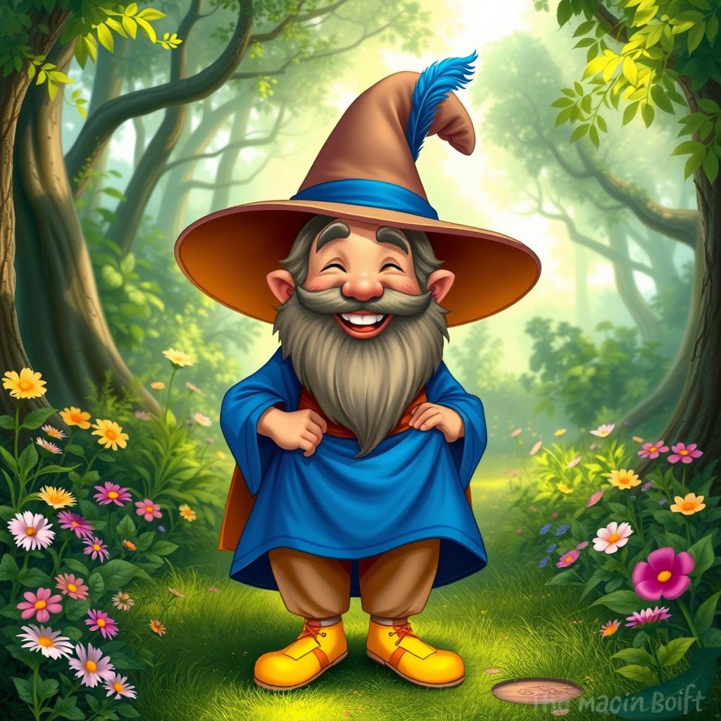 A whimsical and cheerful depiction of Tom Bombadil, a short and bearded man, wearing a vibrant blue caftan and bright yellow shoes