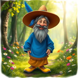 A whimsical and cheerful depiction of Tom Bombadil, a short and bearded man, wearing a vibrant blue caftan and bright yellow shoes