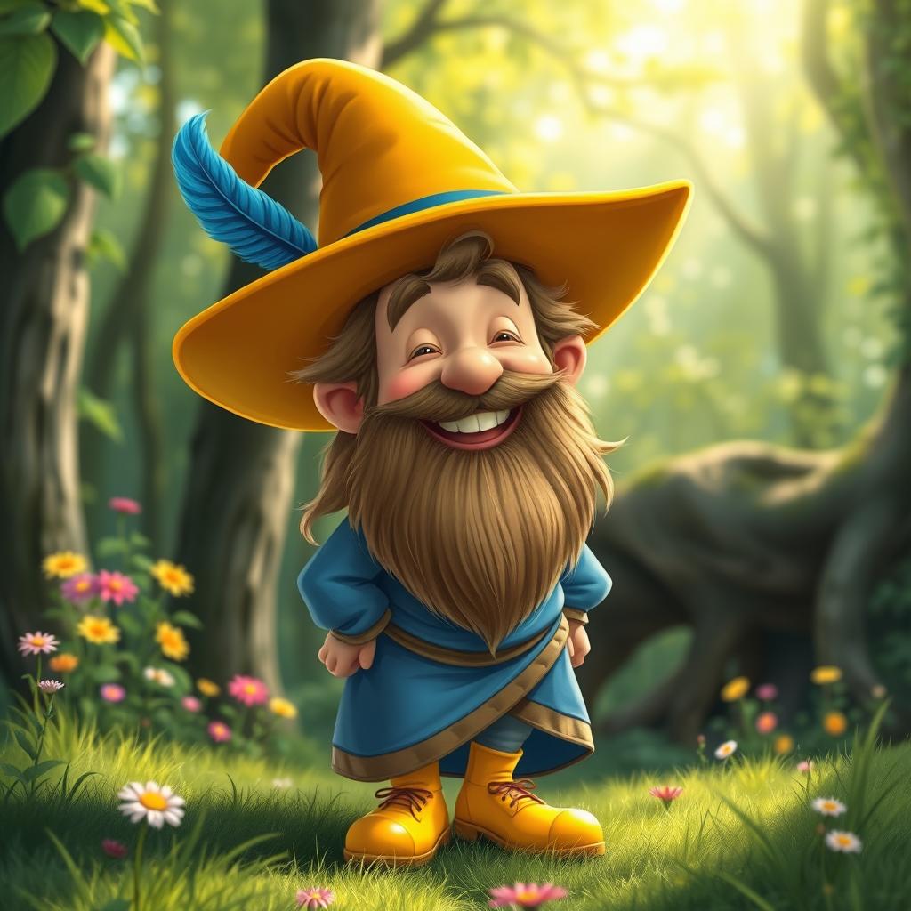 A whimsical and cheerful depiction of Tom Bombadil, a short and bearded man, wearing a vibrant blue caftan and bright yellow shoes