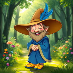 A whimsical and cheerful depiction of Tom Bombadil, a short and bearded man, wearing a vibrant blue caftan and bright yellow shoes