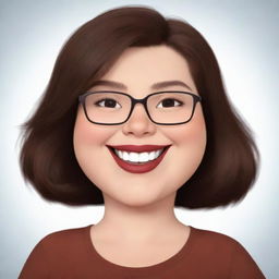 Create an image of a slightly chubby cute cartoon woman with eyeglasses, dark brown eyes, and shoulder-length brown hair. She is winking and smiling shyly.