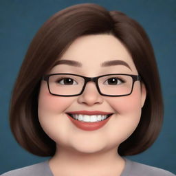 Create an image of a slightly chubby cute cartoon woman with eyeglasses, dark brown eyes, and shoulder-length brown hair. She is winking and smiling shyly.