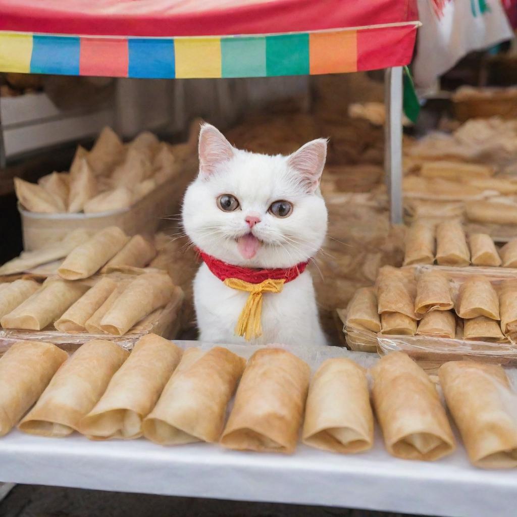 A kawaii-style cat enthusiastically selling a variety of tamales from a festively decorated stall