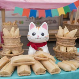 A kawaii-style cat enthusiastically selling a variety of tamales from a festively decorated stall