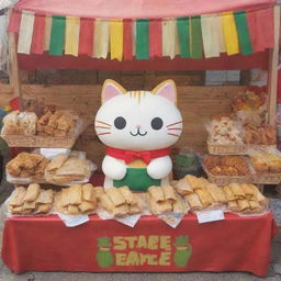 A kawaii-style cat enthusiastically selling a variety of tamales from a festively decorated stall