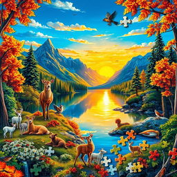 A colorful and intricate jigsaw puzzle featuring a vibrant landscape scene