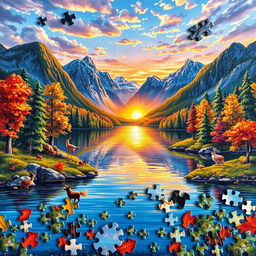 A colorful and intricate jigsaw puzzle featuring a vibrant landscape scene
