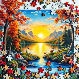 A colorful and intricate jigsaw puzzle featuring a vibrant landscape scene