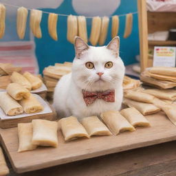 A kawaii-style cat enthusiastically selling a variety of tamales from a festively decorated stall