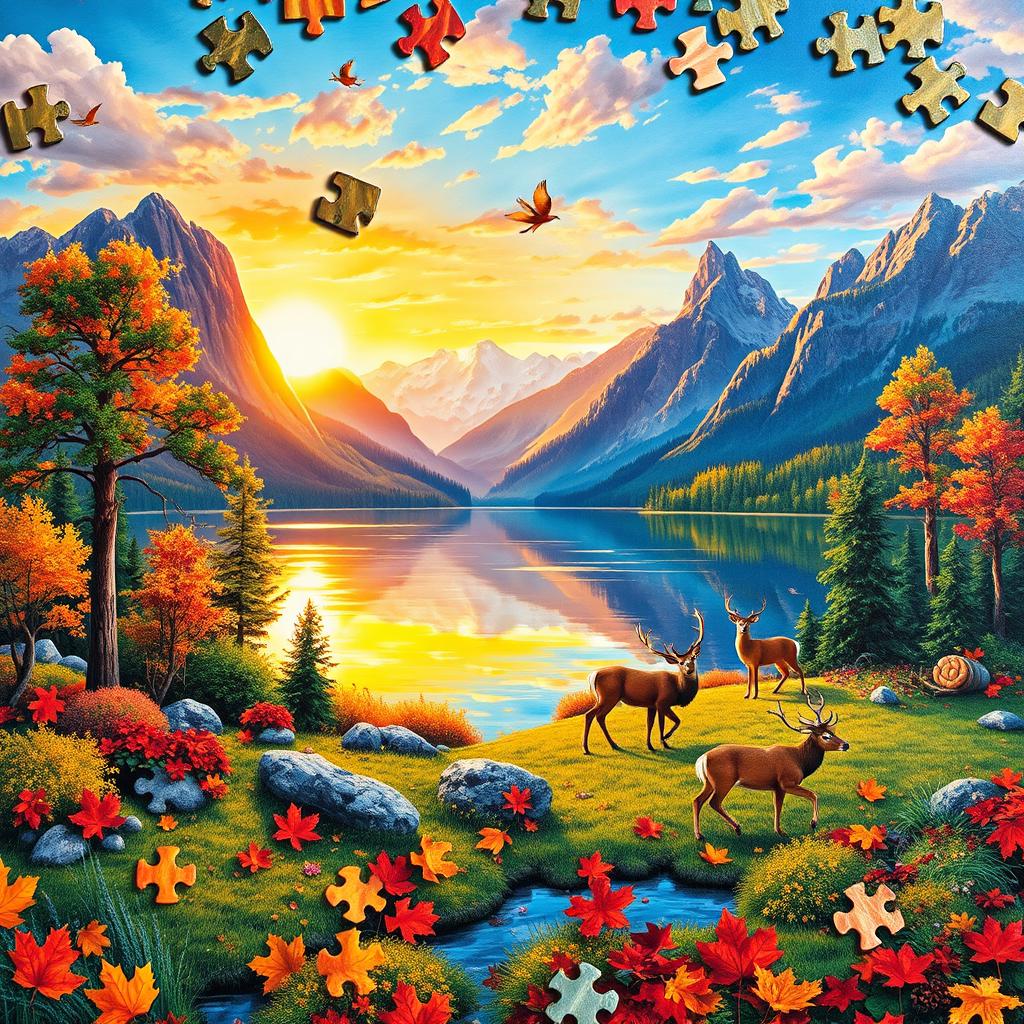 A colorful and intricate jigsaw puzzle featuring a vibrant landscape scene