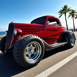 A 1936 Chevrolet Coupe with a striking widebody design featuring oversized wide tires that contribute to its aggressive stance