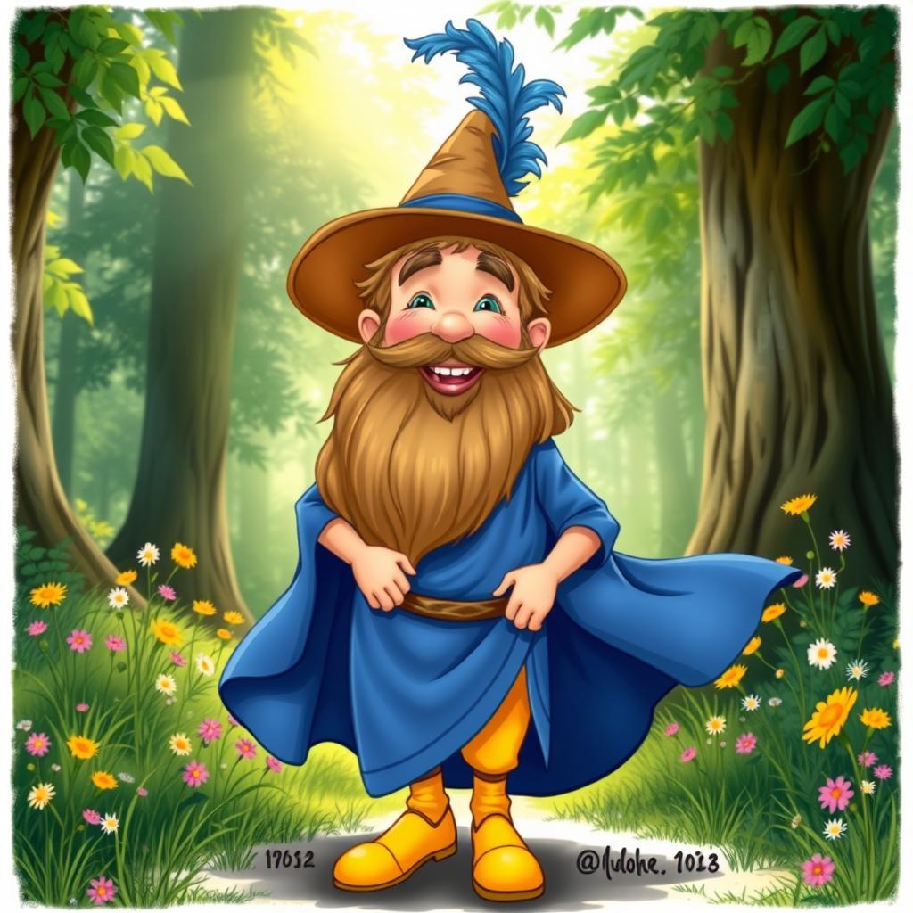 A cheerful and whimsical portrayal of Tom Bombadil, a short, bearded man with a bright smile